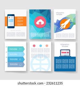 Vector brochure design templates collection. Applications and Infographic Concept. Flyer, Brochure Design Templates set. Modern flat design icons for mobile or smartphone. 