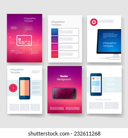 Vector brochure design templates collection. Applications and Infographic Concept. Flyer, Brochure Design Templates set. Modern flat design icons for mobile or smartphone. 