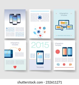 Vector brochure design templates collection. Applications and Infographic Concept. Flyer, Brochure Design Templates set. Modern flat design icons for mobile or smartphone. 