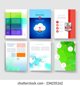 Vector brochure design templates collection. Applications and Infographic Concept. Flyer, Brochure Design Templates set. Modern flat design icons for mobile or smartphone. 