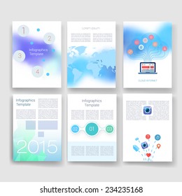 Vector brochure design templates collection. Applications and Infographic Concept. Flyer, Brochure Design Templates set. Modern flat design icons for mobile or smartphone. Blurred background.
