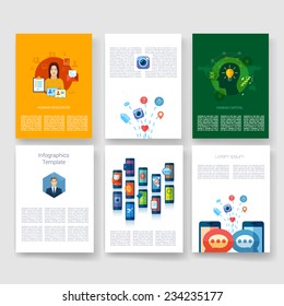 Vector brochure design templates collection. Applications and Infographic Concept. Flyer, Brochure Design Templates set. Modern flat design icons for mobile or smartphone. 
