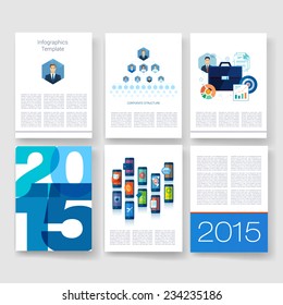 Vector brochure design templates collection. Applications and Infographic Concept. Flyer, Brochure Design Templates set. Modern flat design icons for mobile or smartphone. Year 2015.