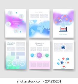 Vector brochure design templates collection. Applications and Infographic Concept. Flyer, Brochure Design Templates set. Modern flat design icons for mobile or smartphone. Blurred background.