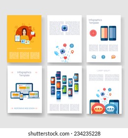 Vector brochure design templates collection. Applications and Infographic Concept. Flyer, Brochure Design Templates set. Modern flat design icons for mobile or smartphone. 