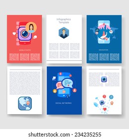 Vector brochure design templates collection. Applications and Infographic Concept. Flyer, Brochure Design Templates set. Modern flat design icons for mobile or smartphone. 