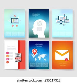 Vector brochure design templates collection. Applications and Infographic Concept. Flyer, Brochure Design Templates set. Modern flat design icons for mobile or smartphone. 