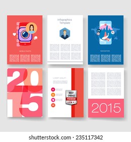Vector brochure design templates collection. Applications and Infographic Concept. Flyer, Brochure Design Templates set. Modern flat design icons for mobile or smartphone. 