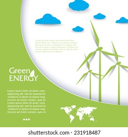 Vector brochure design with wind turbines, green energy concept.  Modern template