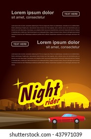 Vector brochure flyer design, the car goes on night road, logo night rider, layout template A4 size
