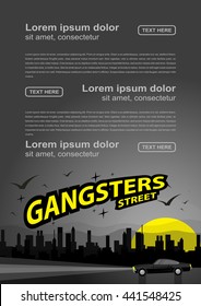 Vector brochure flyer design, gangsters street, the car goes on night road,  night mafia, layout template A4 size