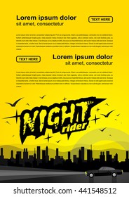 Vector brochure flyer design, night rider, the car goes on the road, layout template A4 size