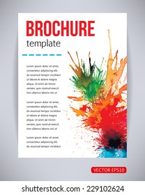 Vector brochure and flyer, poster template with watercolor paint green, red, yellow, blue splash and drops