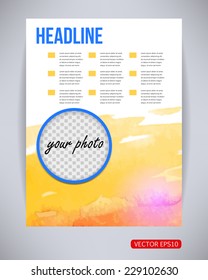 Vector brochure and flyer, poster template with watercolor paint pink and yellow splash and drops with photo