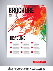 Vector brochure and flyer, poster template with watercolor paint green, red, yellow splash and drops