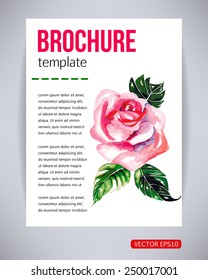 Vector brochure and flyer, poster template with abstract beautiful watercolor flower pink rose. Typography flyer invitation vector illustration