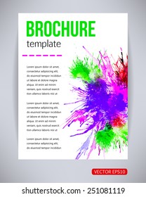 Vector brochure and flyer, poster template with abstract paint green, violet watercolor splashes, drops on paper or canvas. Typography flyer invitation vector illustration