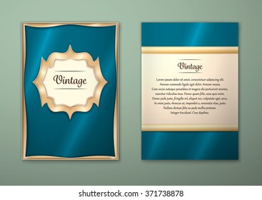 Plantilla de diseño real del folleto del folleto del vector, tamaño A5. Marco dorado. Página principal y página posterior. Fácil de usar y editar.