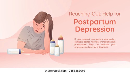 Vector brochure with information about Support for Postpartum Depression. Banner Template Design for New Tired Mothers.