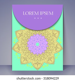 Vector brochure or invitation card template with colorful mandala. Ornamental abstract background for your design. 