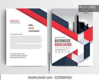 Vector Brochure layout, flyers design template, company profile, magazine, poster, annual report, book & booklet cover, with blue red triangle, and cityscape vector in background elements, in size a4.