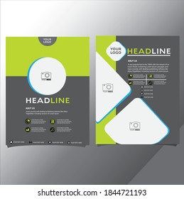 Vector Brochure layout, flyers design template, company profile, magazine, poster, annual report, book & booklet cover, with green geometric, and cityscape vector in background elements