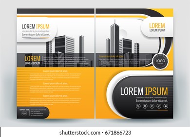 Vector Brochure layout, flyers design template, company profile, magazine, poster, annual report, book & booklet cover, with  orange geometric, and cityscape vector in background elements, in size a4.