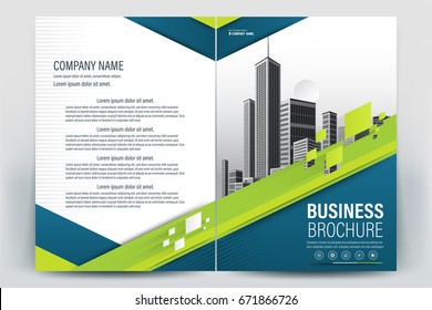 Vector Brochure layout, flyers design template, company profile, magazine, poster, annual report, book & booklet cover, with  green geometric, and cityscape vector in background elements, in size a4.