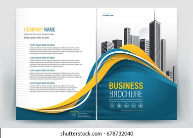 Vector Brochure layout, flyers design template, company profile, magazine, poster, annual report, book & booklet cover, with  blue orange wavy, and cityscape vector in background elements, in size a4.