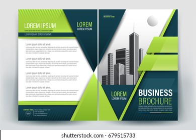 Vector Brochure layout, flyers design template, company profile, magazine, poster, annual report, book & booklet cover, with  green geometric, and cityscape vector in background elements, in size a4.