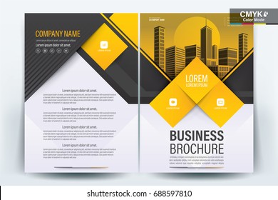 Vector Brochure layout, flyers design template, company profile, magazine, poster, annual report, book & booklet cover, with  yellow geometric, and cityscape vector in background elements, in size a4.