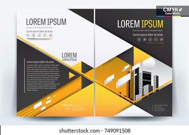 Vector Brochure layout, flyers design template, company profile, magazine, poster, annual report, book & booklet cover, with  orange triangle, and cityscape vector in background 