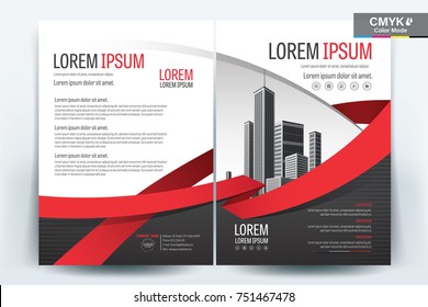 Vector Brochure Layout, Flyers Design Template, Company Profile, Magazine, Poster, Annual Report, Book & Booklet Cover, With Red Ribbon, And Cityscape Vector In Background Elements, In Size A4.