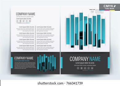 Vector Brochure layout, flyers design template, company profile, magazine, poster, annual report, book & booklet cover, with  Blue color, and cityscape vector in background elements, in size a4.