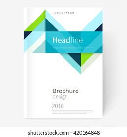 Vector Brochure, leaflet, flyer, cover template. Modern Geometric Abstract background blue & green diagonal lines & triangles. minimalistic design creative concept