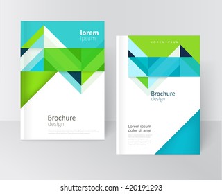 Vector Brochure, leaflet, flyer, cover template. Modern Geometric Abstract background blue & green diagonal lines & triangles. minimalistic design creative concept