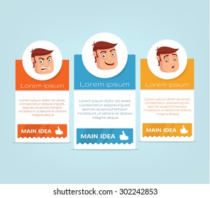 Vector brochure with man cartoon heads. Different emotions. Vector flat illustration set