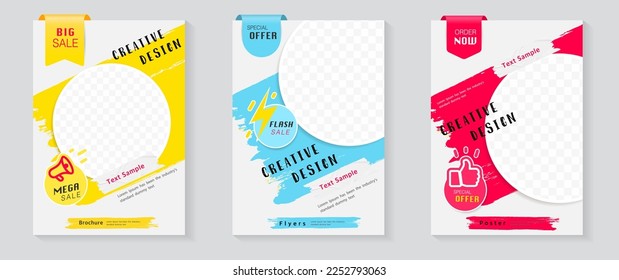 Vector brochure poster flyer pamphlet cover design layout space for photo background template in A4 size, With business icons mega sale, flash sale, special offer stickers