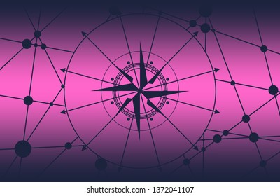 Vector brochure or report design template. Connected lines with dots. Travel and discovery relative image. Compass symbol on geometry pattern
