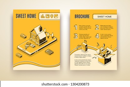 Vector brochure template with 3d isometric house moving - travelling by smart technologies, shipping business. Booklet with line art yellow building, appliance and stuff in box. Management of movement