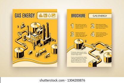 Vector Brochure Template With 3d Isometric Gas Energy Plant, Transportation In Pipes, Trukcs And Refinery. Processing Plant, LNG Terminal In Line Art, Yellow Color. Booklet With Heavy Industry Objects