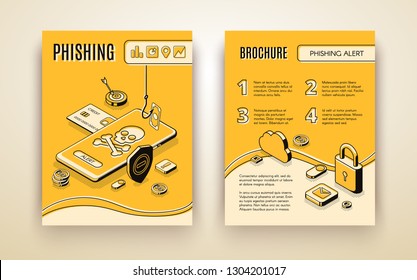 Vector brochure template with 3d isometric phishing alert concept, security mobile app, solution for personal data and finances. Yellow booklet with skull and crosses bones on phone screen in line art