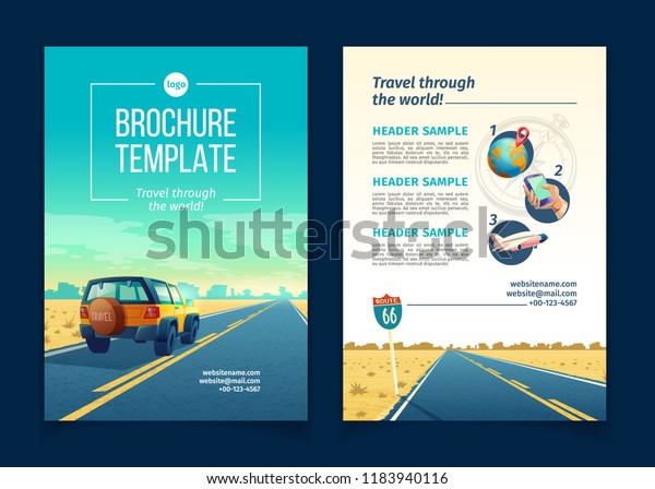 Vector brochure template with desert landscape.\
Travel concept with SUV on asphalt way to canyon, wasteland.\
Booklet with website link, tourist poster. Voyage background with\
clouds and road sign.