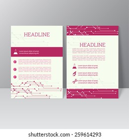 Vector brochure template design with connection, microscope, flask, DNA, icon and different elements. Flyer or booklet Layout.