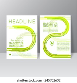 Vector brochure template design with line, curve, bend,  icons and different elements. Flyer or booklet Layout. Green energy, technology.
