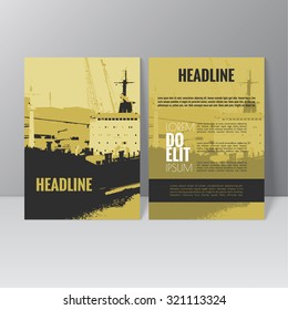 Vector brochure template design. Loading, unloading in sea port for cargo industry design. 