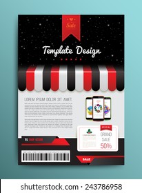 Vector brochure template design with shop and smartphone. Vector illustration.