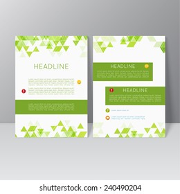 Vector brochure template design with triangles, icons and different elements. Flyer or booklet Layout. 