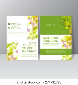Vector brochure template design with triangles, icons and different elements. Flyer or booklet Layout. Spring, green products, eco and bio clearance