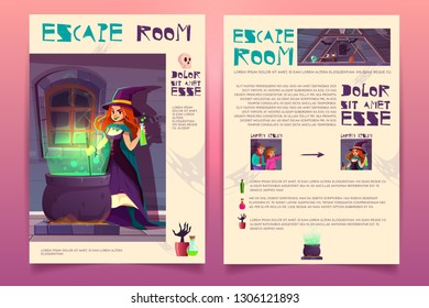 Vector brochure template with escape room from witch house. Quest game, rpg booklet for players. Information list with young people, magic sorceress and cat. Banners isolated on bright background.